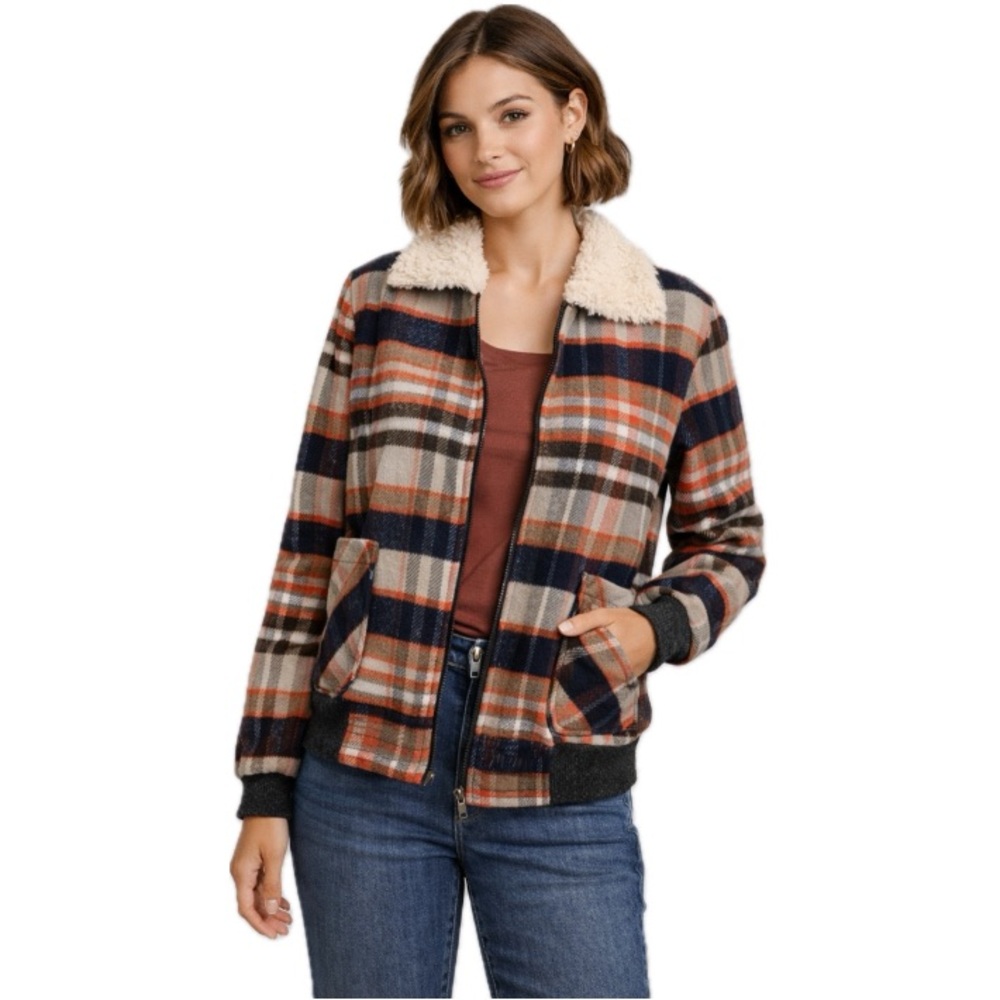 Knox Rose Multicolor Plaid Bomber Jacket with Sherpa Collar